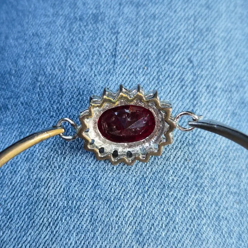Vintage Faux‎ Ruby Rhinestone Halo Bangle Bracelet Silver Tone Cuff Whimsigoth